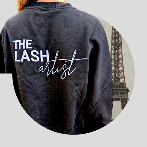 Beutimi Lash Artist Sweater in navy blue displayed from back showing white embroidered text design