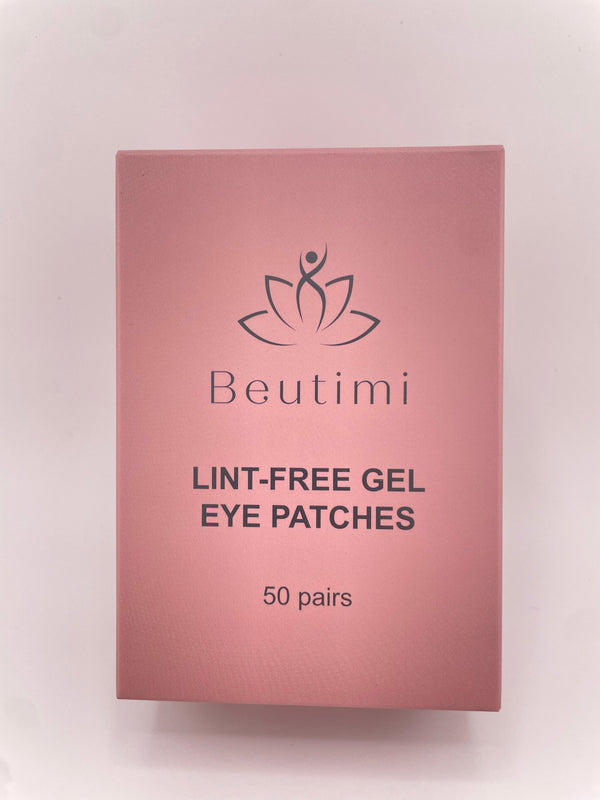 Beutimi Lint Free Gel Eye Patches in pink packaging with lotus logo displayed against white background