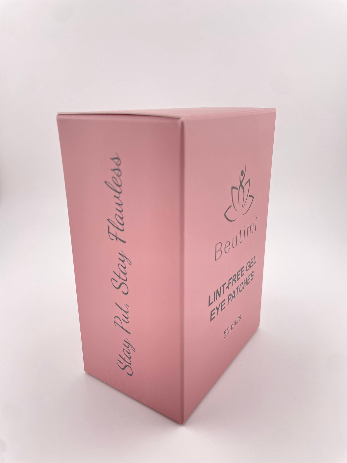 Beutimi Lint Free Gel Eye Patches displayed in pink packaging with lotus logo, 50 pairs product box