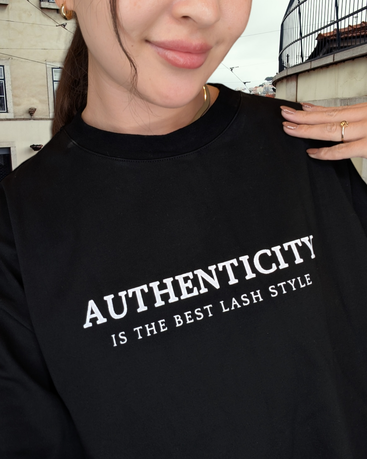 Black Beutimi Authentic T-Shirt with white "Authenticity is the best lash style" text, worn as styled product shot