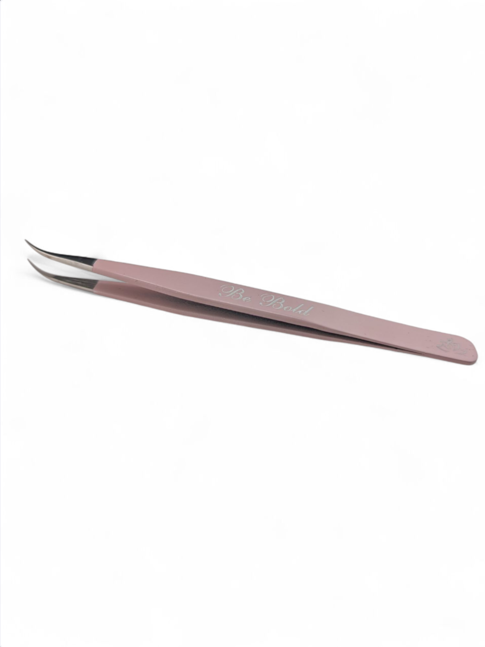 Beutimi Be Bold Tweezer in mauve pink with curved fiber tips displayed against white background