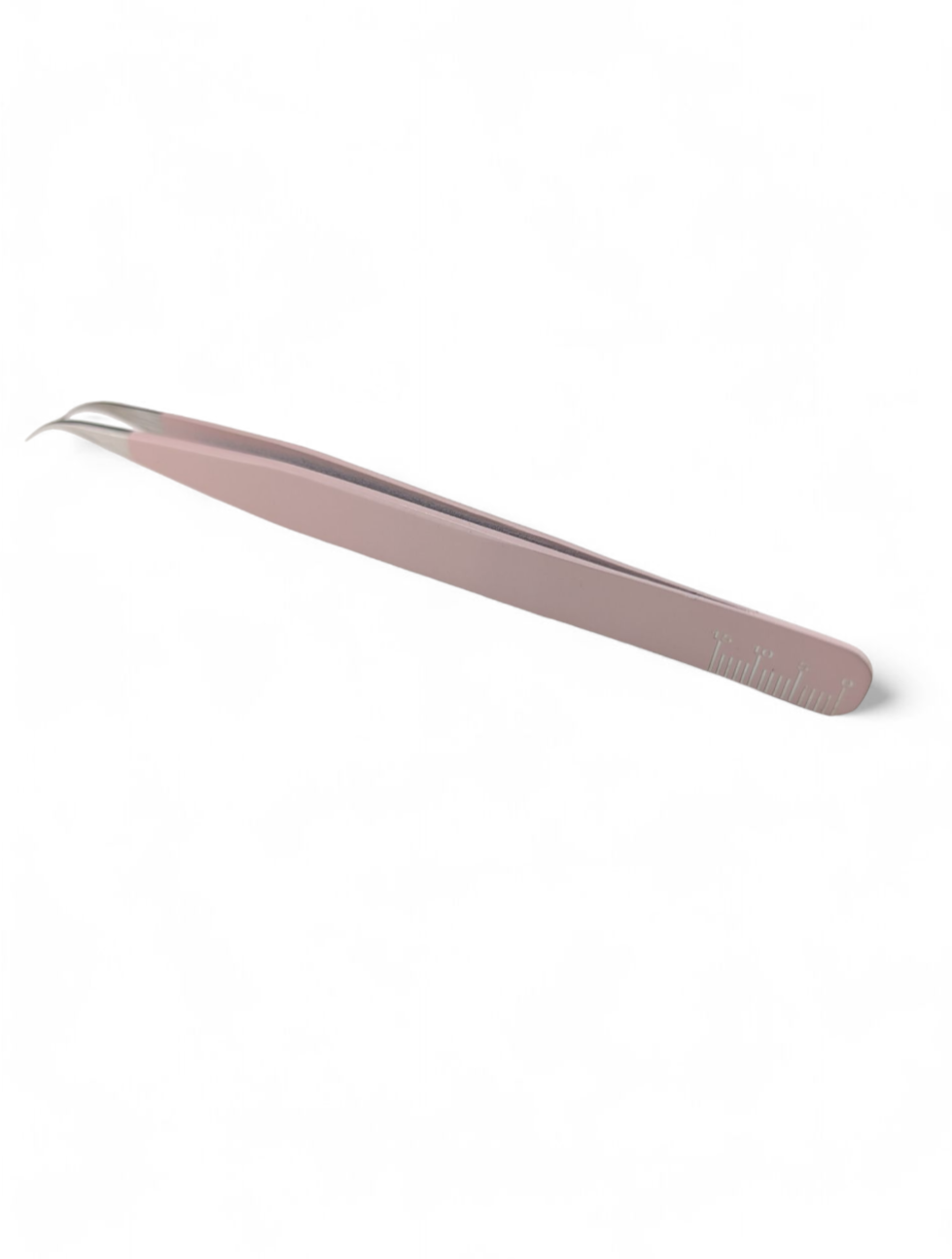 Beutimi Be Bold Tweezer in mauve with curved fiber tip and engraved ruler marking, displayed against white background